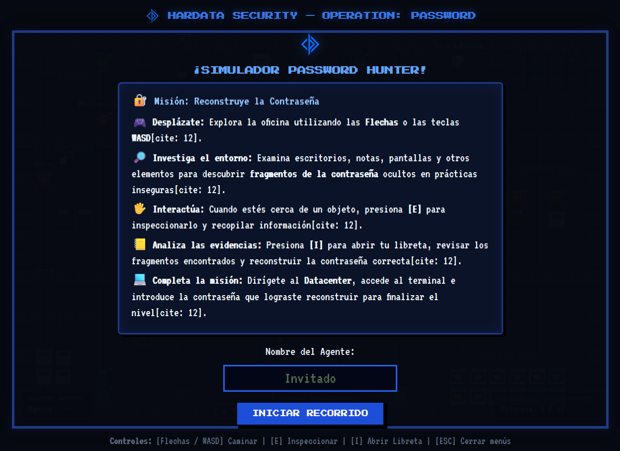 Pantalla de bienvenida del simulador Operación Password